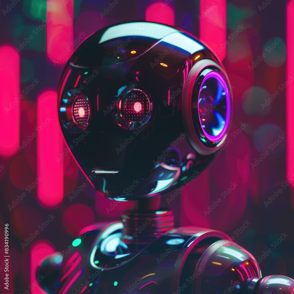 Fototapeta premium A close-up of a robot's head with bright lights in the background, suitable for use in futuristic or sci-fi themed projects