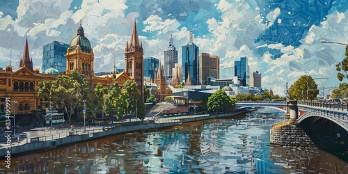 hiroshi hagai style painting of a city with flinders street and the yarra river  photo