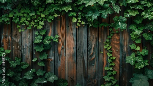 background of a wooden fence covered in ivy and climbing plants © paisorn