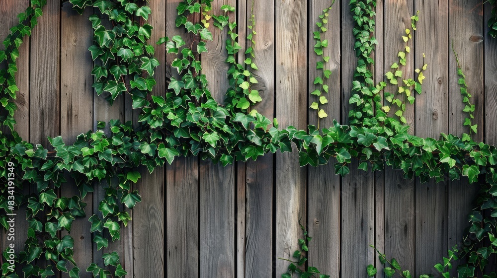 background of a wooden fence covered in ivy and climbing plants