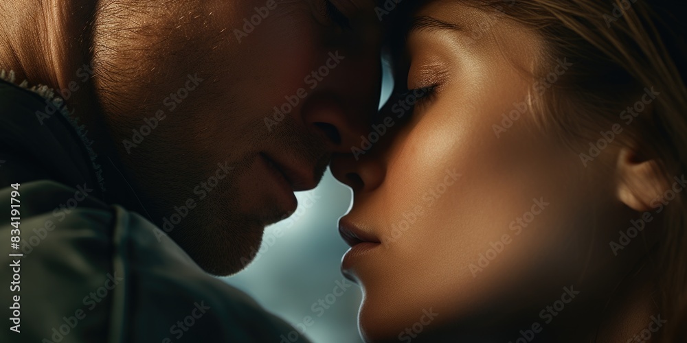 A romantic close-up shot of a person kissing a woman, suitable for use in personal or commercial projects A romantic close-up shot of a person kissing a woman, suitable for use in personal or commercial projects