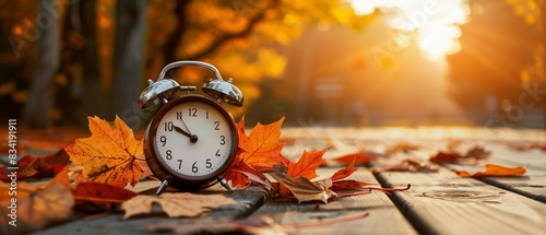 Alarm clock and orange color leaves on wooden table. Classic Alarm Clock Nestled Among Vibrant Orange Foliage, Reminding Us of Daylight Saving Time's Shift and Nature's Embrace of Fall photo