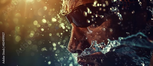 A closeup of a triathlete emerging from the water photo
