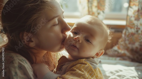 A mother gently kisses her baby's cheek photo