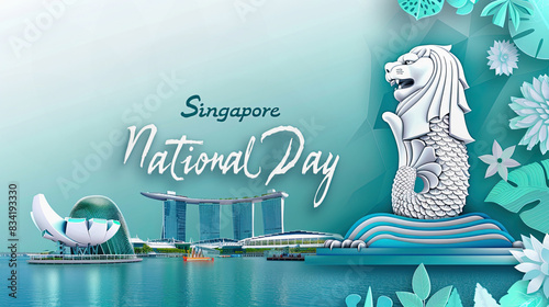 Singapore National Day text. Celebration with Iconic Merlion and Marina Bay View