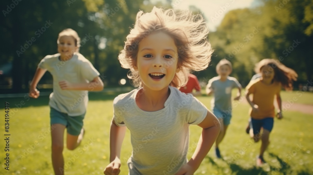 Group of kids having fun outdoors, great for family or educational use Group of kids having fun outdoors, great for family or educational use