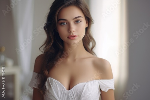 A woman posing in a white dress, suitable for editorial or commercial use © vefimov