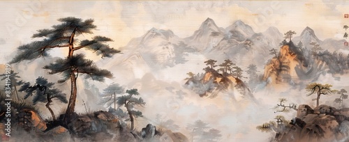 Landscape wallpaper design, oil painting, mountain and trees, mural art. AI generated illustration © Or