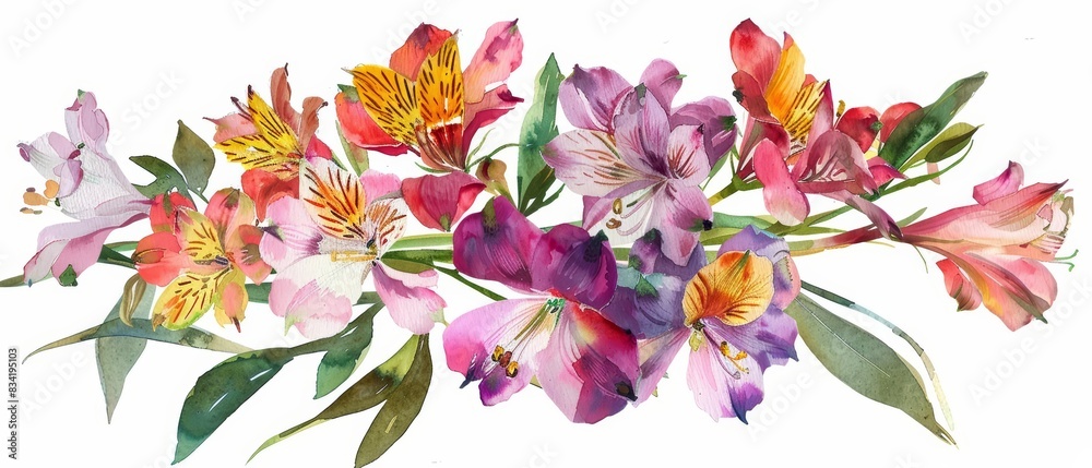 A watercolor of alstroemeria flowers, with their exotic, speckled petals, in a lush bouquet, on a stylish dining table, in an elegant room, clipart isolated on white A watercolor of alstroemeria flowers, with their exotic, speckled petals, in a lush bouquet, on a stylish dining table, in an elegant room, clipart isolated on white