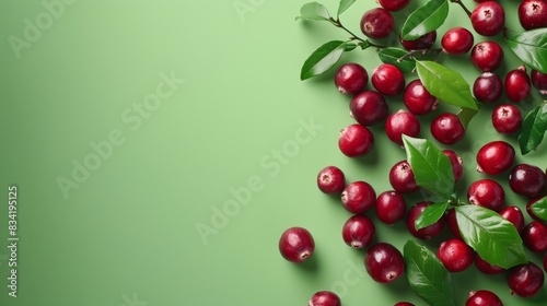 Fresh and sweet cranberries whith leaves on a green background. Top view and copy space