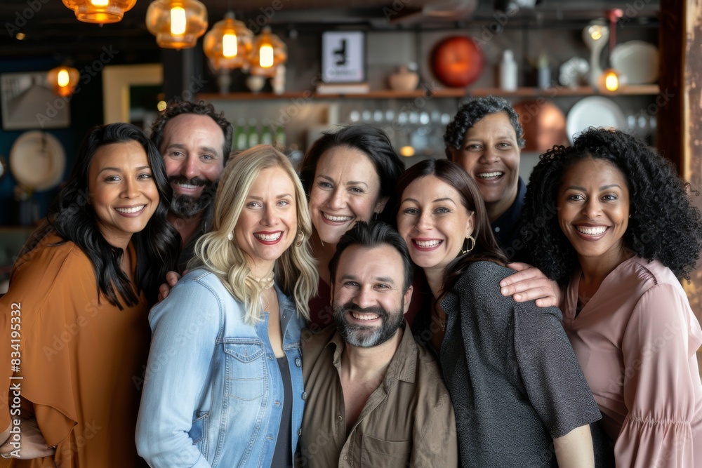 Group of diverse people standing in a row in a pub or restaurant Group of diverse people standing in a row in a pub or restaurant