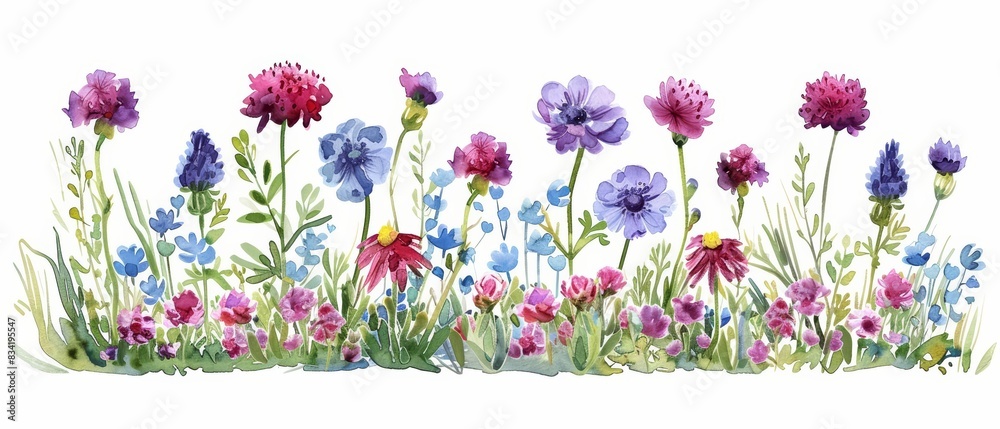 A watercolor of scabiosa flowers, with their unique pincushion blooms, in a vibrant flower bed, amidst other wildflowers, in a serene and natural garden, clipart isolated on white A watercolor of scabiosa flowers, with their unique pincushion blooms, in a vibrant flower bed, amidst other wildflowers, in a serene and natural garden, clipart isolated on white