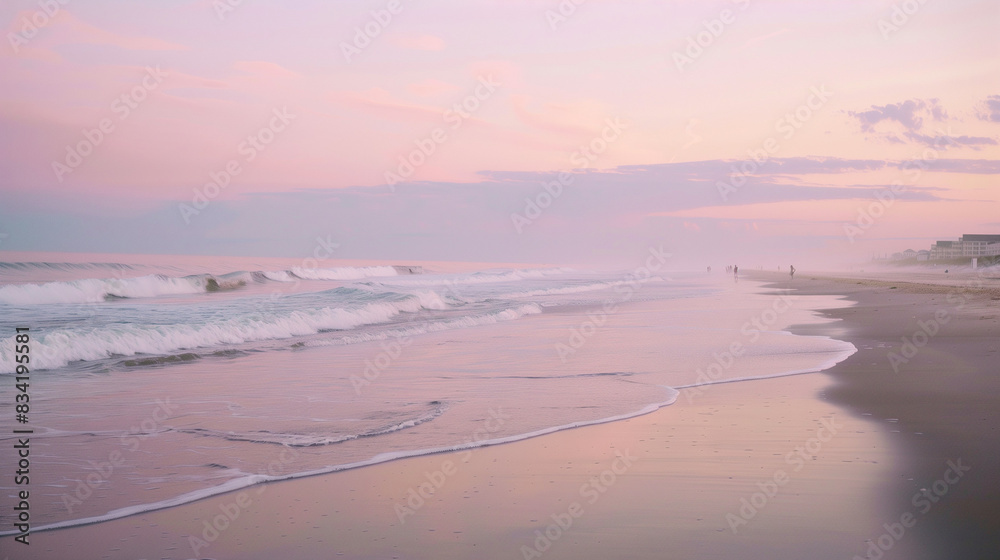 Obraz premium Tranquil Beach at Sunrise with Gentle Waves and Soft Pastel Sky