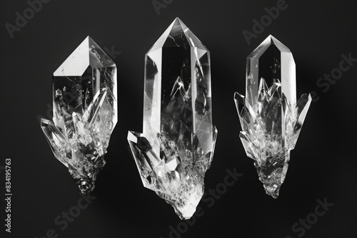 three quartz crystals on plain black background from Generative AI