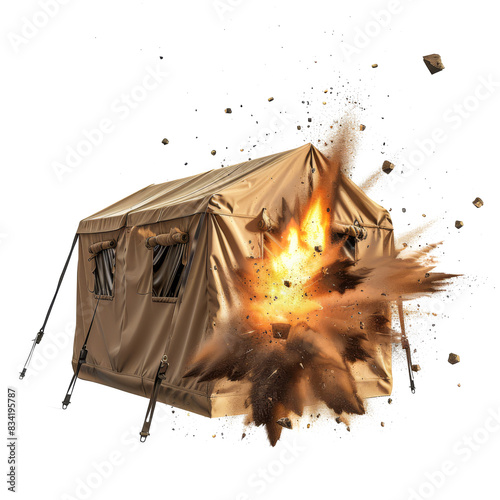 Explosion of civic military desert survival tent isolated on transparent background 