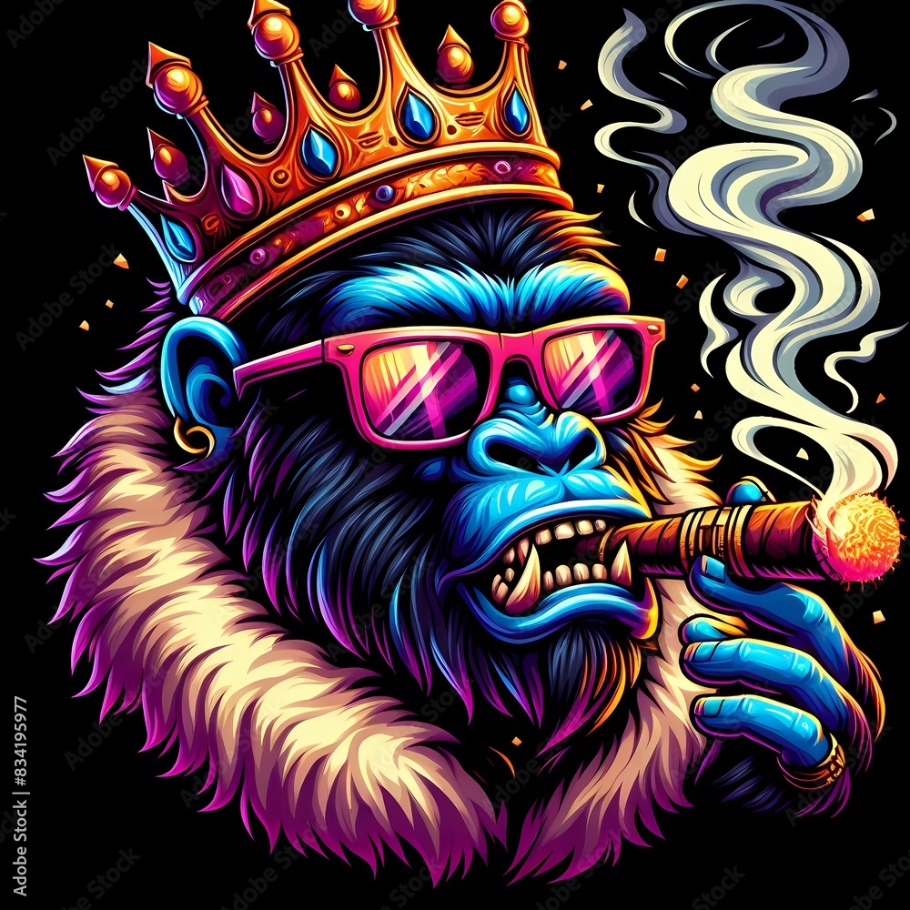 Naklejka premium King Gorilla Crowned Ape with Sunglasses and Cigar