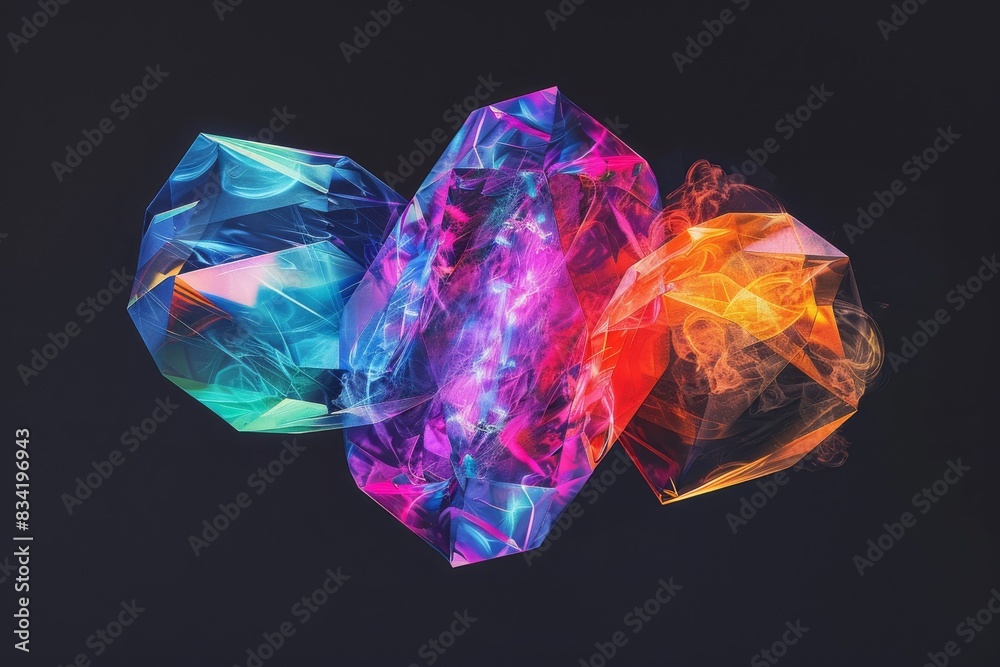 three colorful gemstone plain black background from Generative AI three colorful gemstone plain black background from Generative AI