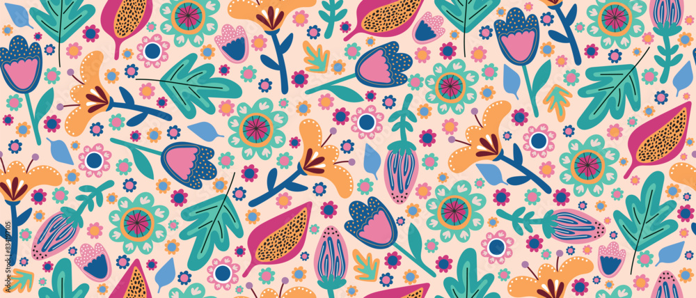 Bright seamless floral background with abstract flowers. Bright seamless floral background with abstract flowers.