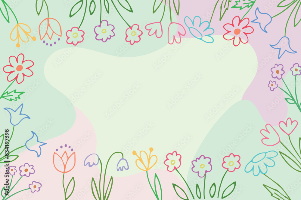 Beautiful delicate background with hand-drawn flowers in a childish style.