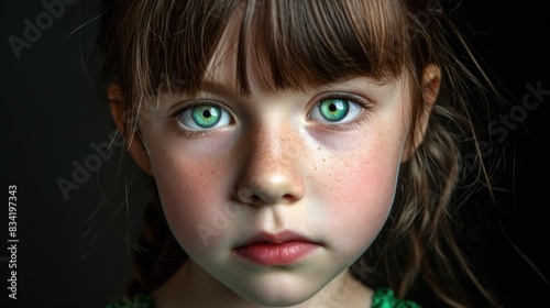 A young child with striking green eyes looks directly at the camera, creating a sense of intimacy and connection