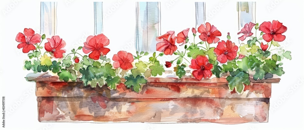 Set of watercolors of geraniums, with their vibrant red blooms, in a cheerful window box, on a sunny windowsill, with a beautiful view outside, clipart isolated on white Set of watercolors of geraniums, with their vibrant red blooms, in a cheerful window box, on a sunny windowsill, with a beautiful view outside, clipart isolated on white