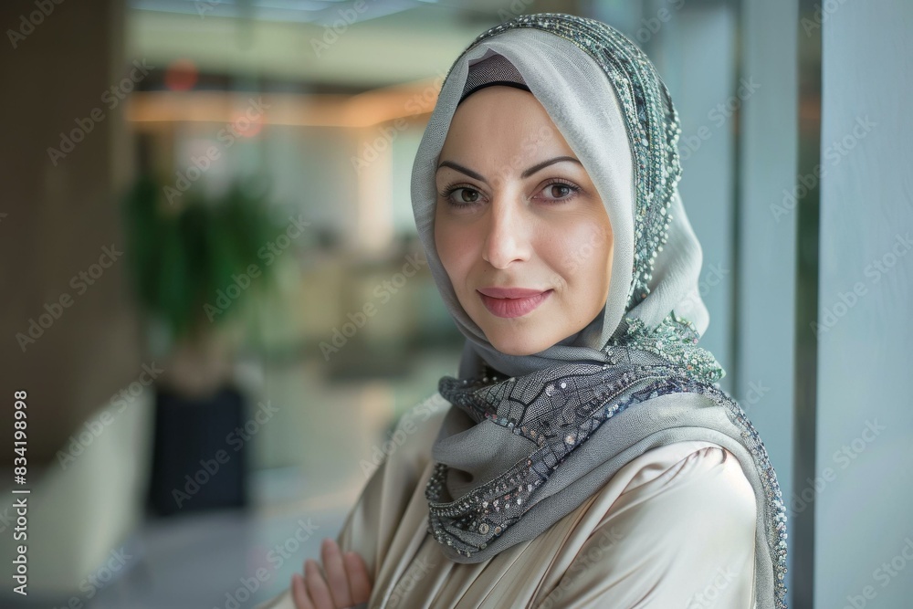 Middle age Muslim businesswoman in modern office wearing stylish hijab and formal attire, showing empowerment and success Middle age Muslim businesswoman in modern office wearing stylish hijab and formal attire, showing empowerment and success