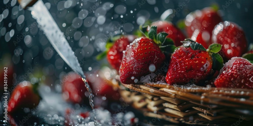 A basket of fresh strawberries sitting on a table, ready to be enjoyed A basket of fresh strawberries sitting on a table, ready to be enjoyed