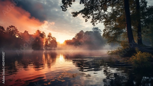 A peaceful sunrise over a calm lake with mist rising from the water - 