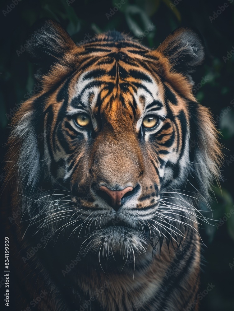 Majestic tiger gazing directly at the viewer in a dense forest during twilight hours Majestic tiger gazing directly at the viewer in a dense forest during twilight hours