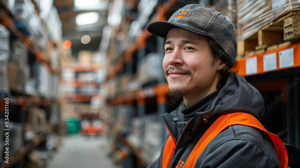 A friendly forklift operator in a well-lit, busy warehouse, emphasizing safety and efficiency.generative ai A friendly forklift operator in a well-lit, busy warehouse, emphasizing safety and efficiency.generative ai