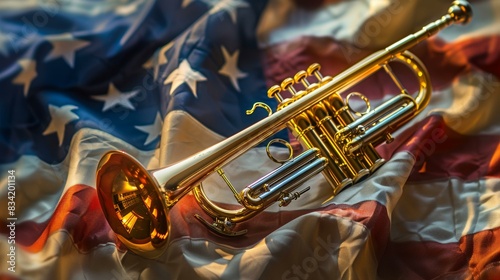  Trumpet resting on American flag, celebrating USA Independence Day with patriotic symbols and musical heritage