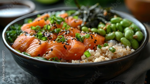 Highangle View of a Vibrant Poke Bowl with Fresh Salmon and Avocado on Brown Rice
