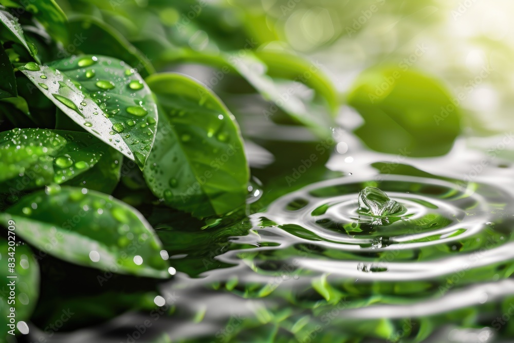 Close-up shot of a single water drop sitting on the surface of a pond, highlighting its shape and texture Close-up shot of a single water drop sitting on the surface of a pond, highlighting its shape and texture