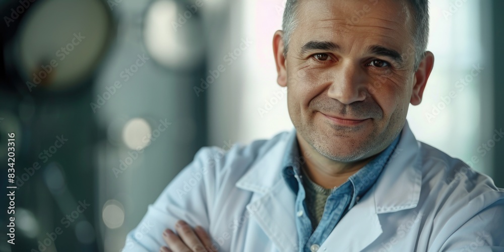 Obraz premium A man in a white lab coat standing with his arms crossed, suitable for science-related concepts and illustrations