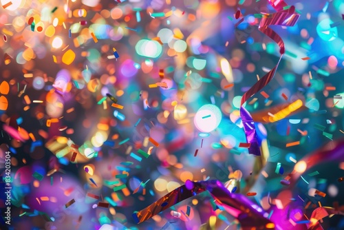 Close-up of colorful confetti at a disco. In dim warm and colorful light