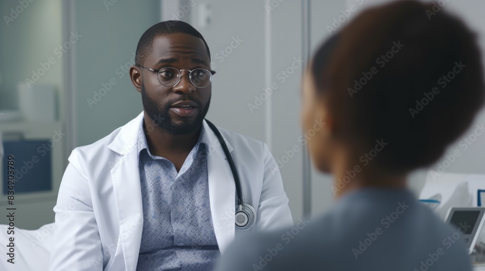 A doctor talks to a patient in a hospital room, advising on their medical condition A doctor talks to a patient in a hospital room, advising on their medical condition