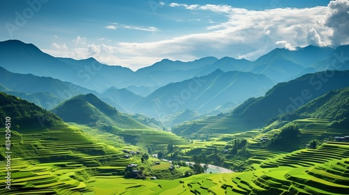 A picturesque rice terrace landscape in the countryside, with layers of green fields stretching   © Awais