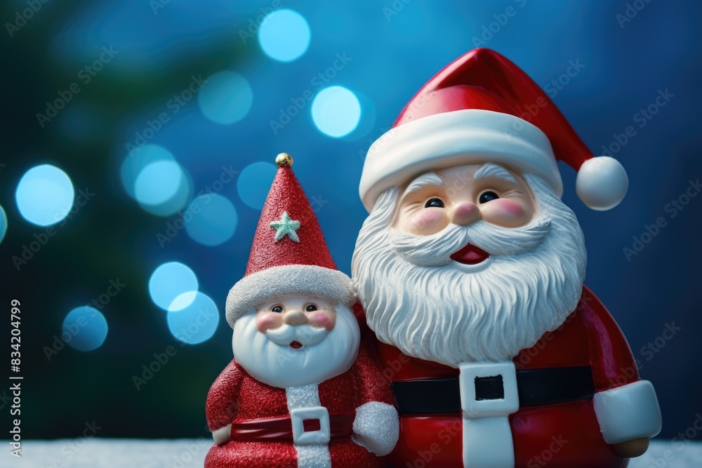 A close-up view of Santa Claus holding a small gnome, perfect for holiday-themed designs