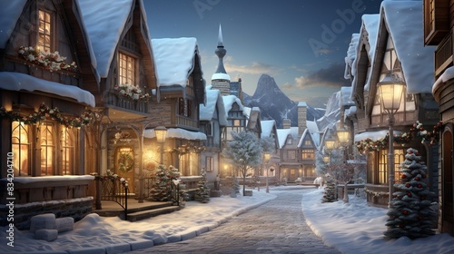 A picturesque snowy village at dusk  with warmly lit windows and festive decoration 