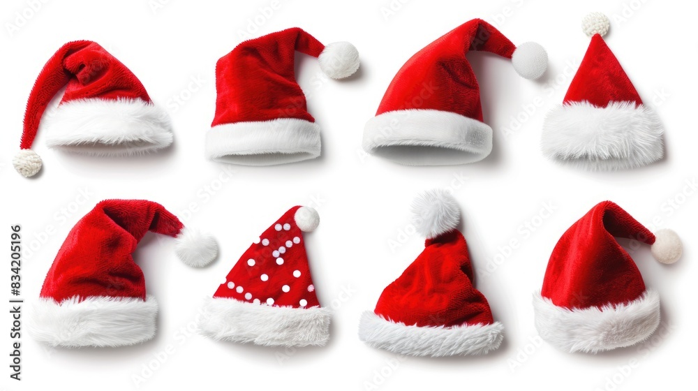 Six Santa hats in red and white, festive holiday accessory Six Santa hats in red and white, festive holiday accessory