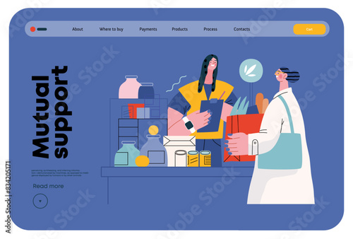 Mutual Support: Bringing groceries to food bank -modern flat vector concept illustration of people donating food to food pantry A metaphor of voluntary, collaborative exchanges of resource, services