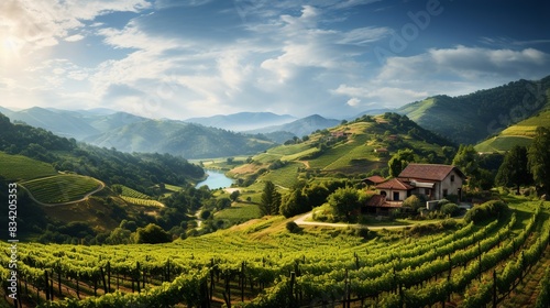 A picturesque vineyard with rows of grapevines  rolling hills  and a rustic winery in the distance 