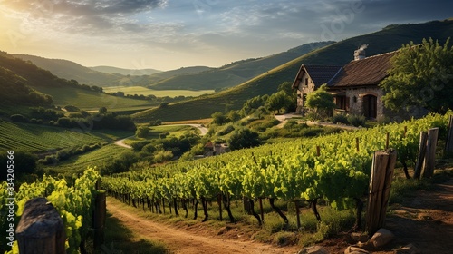 A picturesque vineyard with rows of grapevines, rolling hills, and a rustic winery in the distance 