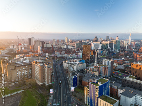 Birmingham skyline overlooking the A38 at dawn