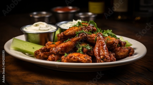 A plate of spicy chicken wings served with celery sticks and blue cheese dressing 