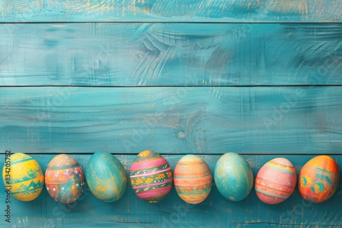 A collection of hand-painted Easter eggs arranged on a blue wooden background, ideal for spring and Easter-themed projects photo