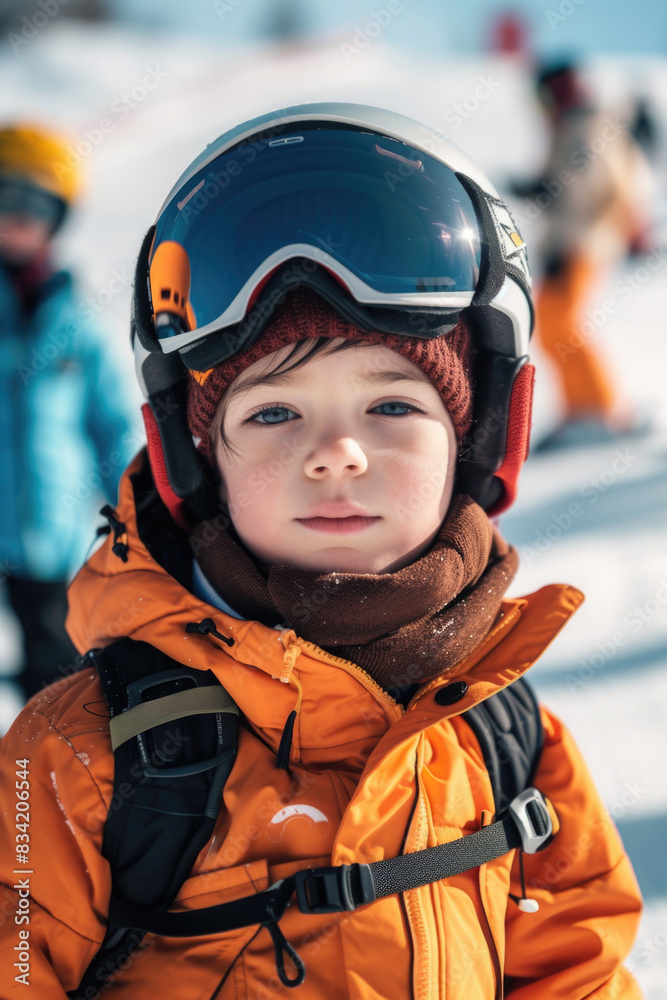 A young boy wearing a helmet and goggles plays outside on a snowy day, possibly building a snowman or having fun with friends A young boy wearing a helmet and goggles plays outside on a snowy day, possibly building a snowman or having fun with friends