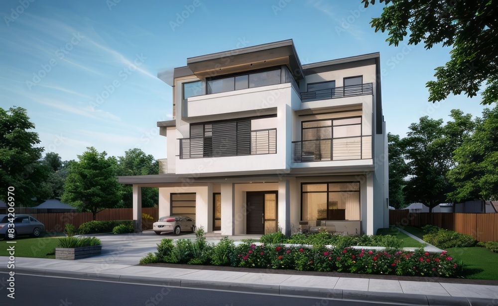 A Contemporary Dwelling with Stylish Architecture, Beautiful Exterior Design, and a Serene Garden Setting. Perfect Family Home in a Residential Neighborhood, Featuring Thoughtful Construction	
