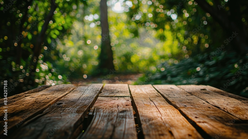 A rustic wooden table stands alone in a serene forest clearing, surrounded by trees and foliage A rustic wooden table stands alone in a serene forest clearing, surrounded by trees and foliage