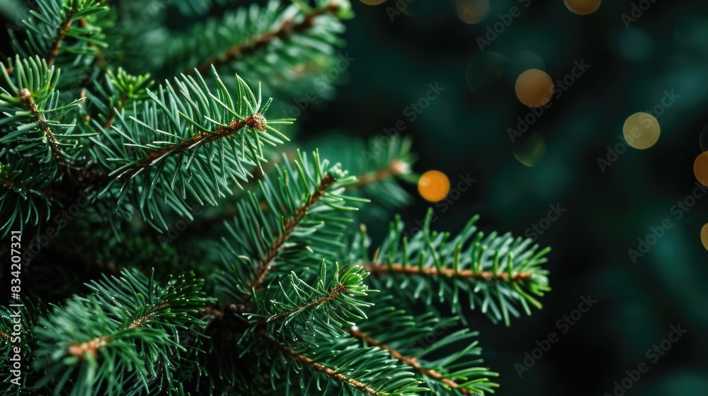A close-up shot of a pine tree surrounded by soft, warm lights